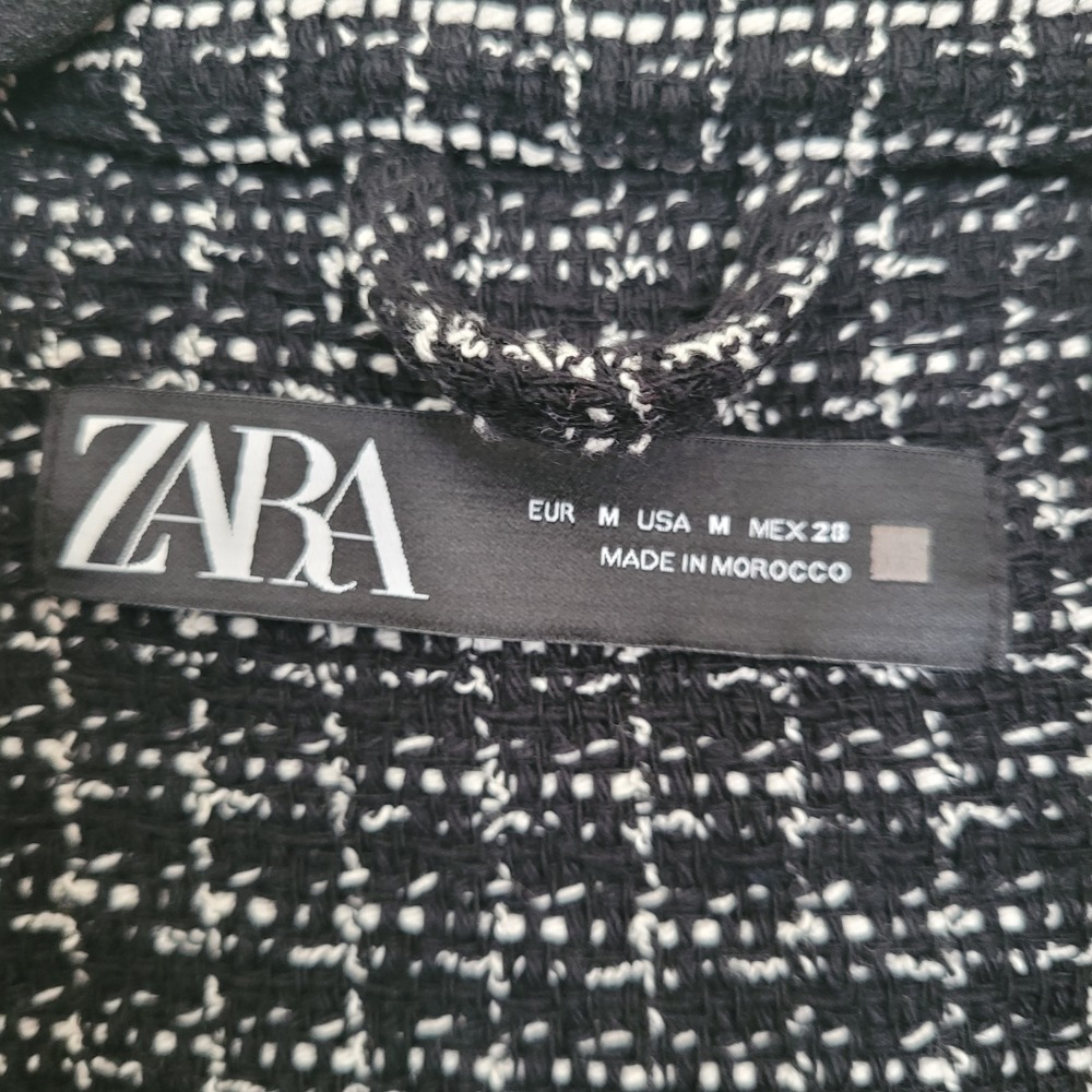 ZARA Women's Black White Plaid Button Fringe Mid-Length Jacket M Long Sleeve - Picture 3 of 5
